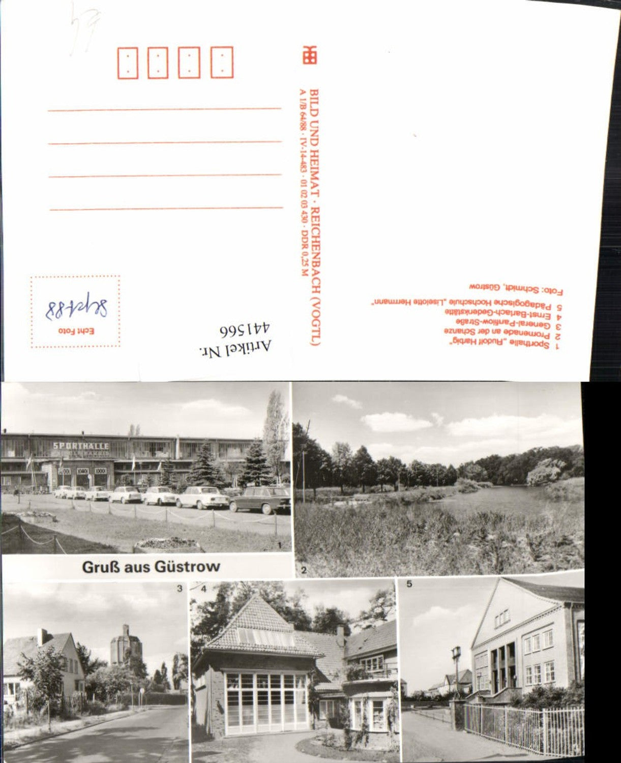 441566,Güstrow Sporthalle Promenade Gedenkstätte Schule Mehrbildkarte pub VEB