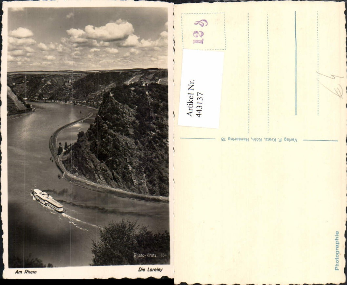 443137,Die Loreley am Rhein b. St. Goarshausen Felsen Dampfer Fluss