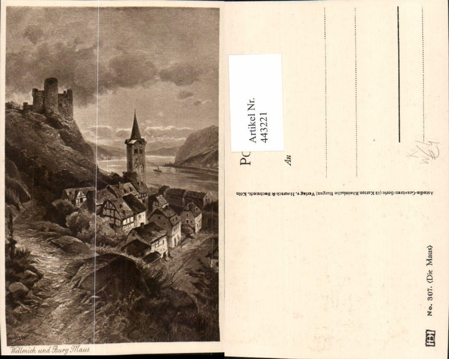 443221,Künstler AK Astudin Wellmich St. Goarshausen Totale m. Burg Maus