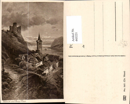 443221,Künstler AK Astudin Wellmich St. Goarshausen Totale m. Burg Maus