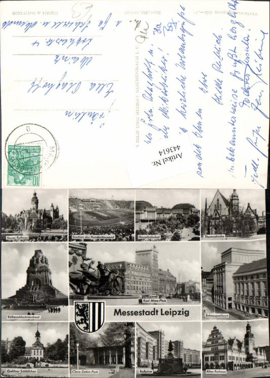 443614,Leipzig Bahnhof Stadion Rathaus Völkerschlachtdenkmal Mehrbildkarte pub VEB