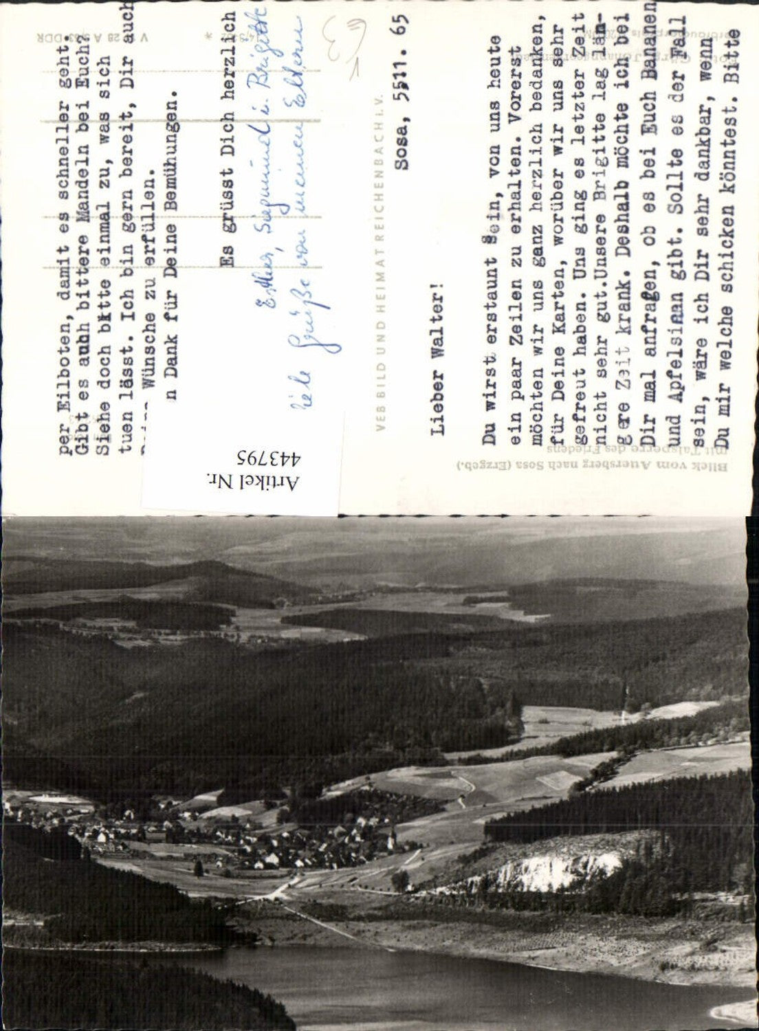 443795,Blick vom Auersberg nach Sosa im Erzgebirge m. Talsperre pub VEB