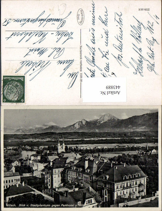 443889,Villach Teilansicht vom Stadtpfarrturm geg. Parkhotel Bergkulisse