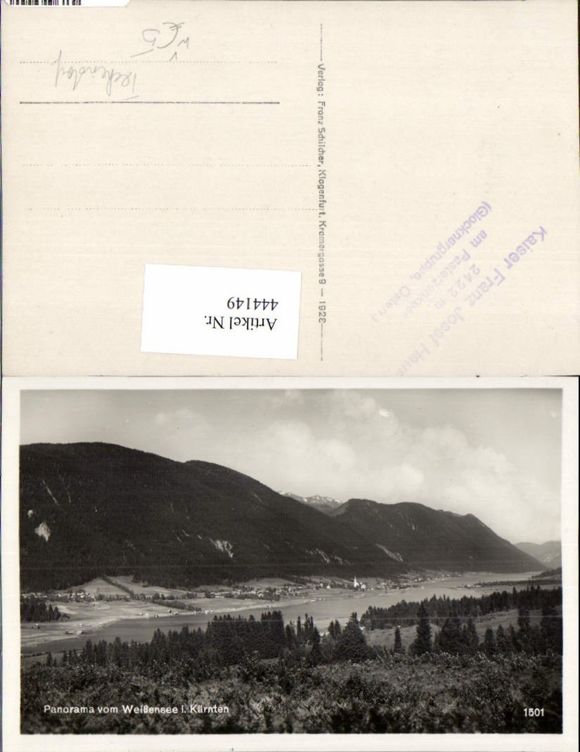 444149,Panorama vom Weißensee b. Techendorf Bergkulisse pub Franz Schilcher 1501