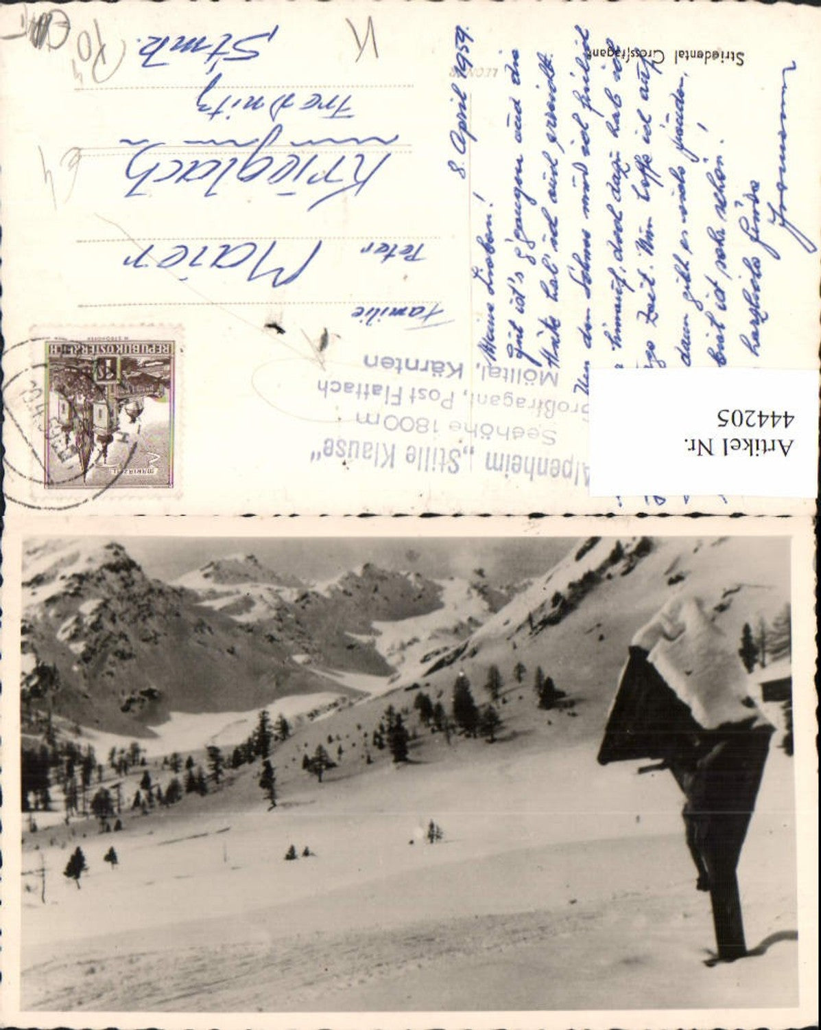 444205,Foto AK Flattach im Mölltal Winterlandschaft Wegkreuz Bergkulisse