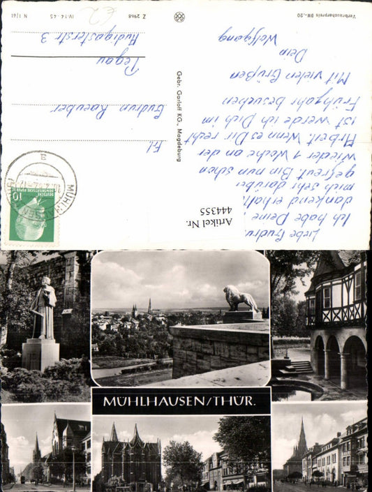 444355, Mühlhausen Total Church Statue Multiview Postcard