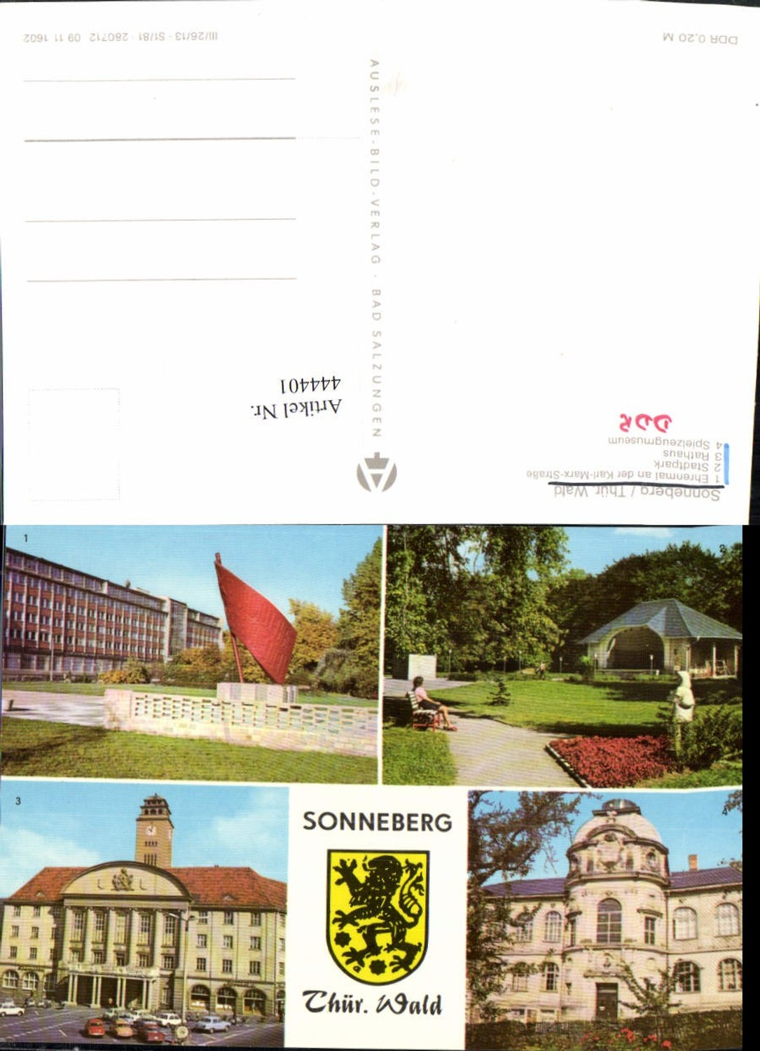 444401,Sonneberg Ehrenmal Stadtpark Rathaus Spielzeugmuseum Mehrbildkarte