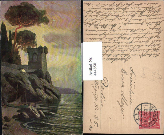 444850,Künstler Ak Burg auf Felsen Segelboot Ufer