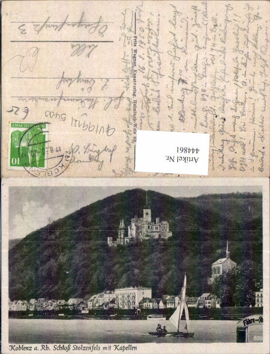 444861,Koblenz a. Rhein Schloss Stolzenfels m. Kapellen Segelboot