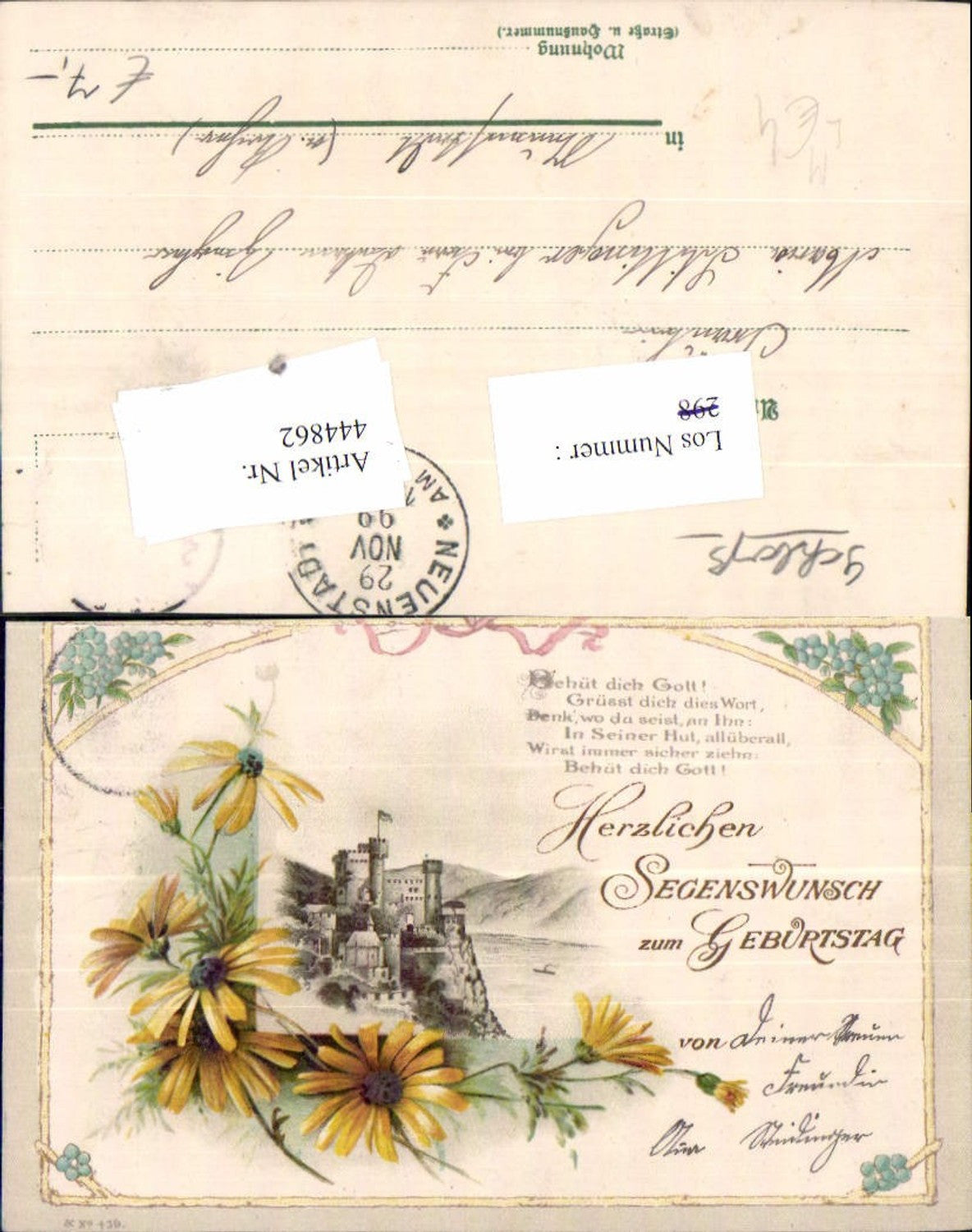 444862,Litho Burg Rheinstein Trechtingshausen Blumen Spruch