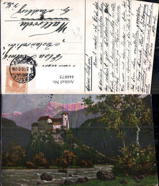 444875,Künstler Ak F. Maecker Schloss auf Felsen Landschaft Bergkulisse