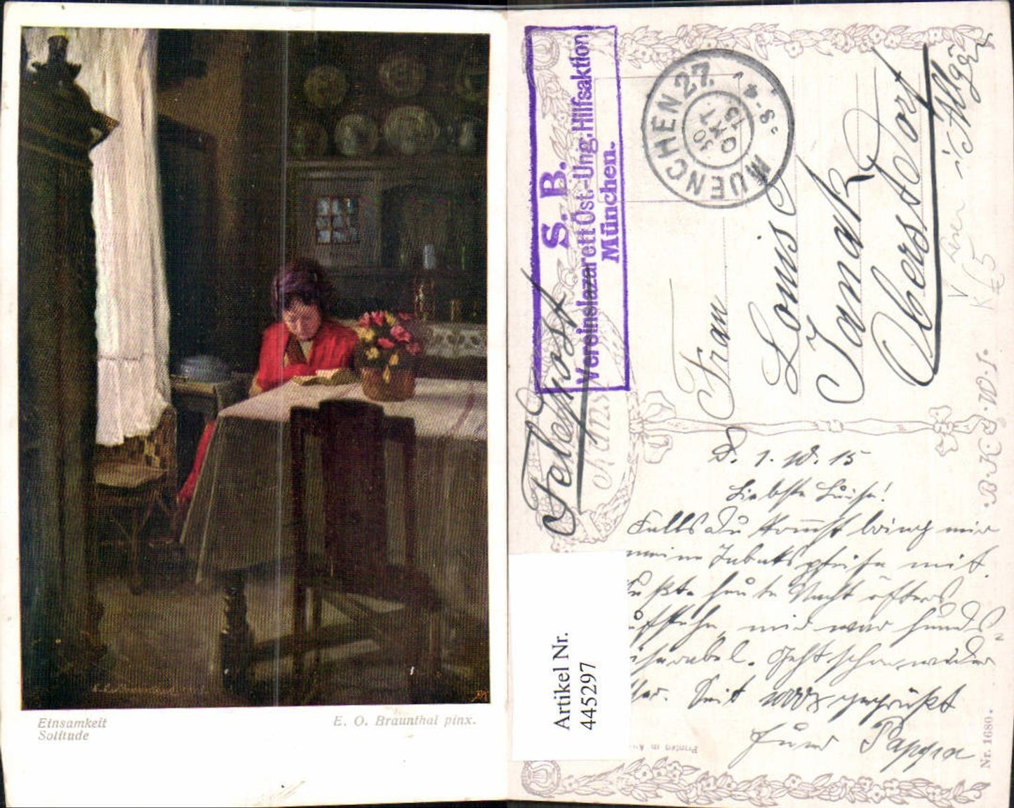 445297,Künstler Ak E. O. Braunthal Einsamkeit Lesen Frau Buch pub B.K.W.I. 1680