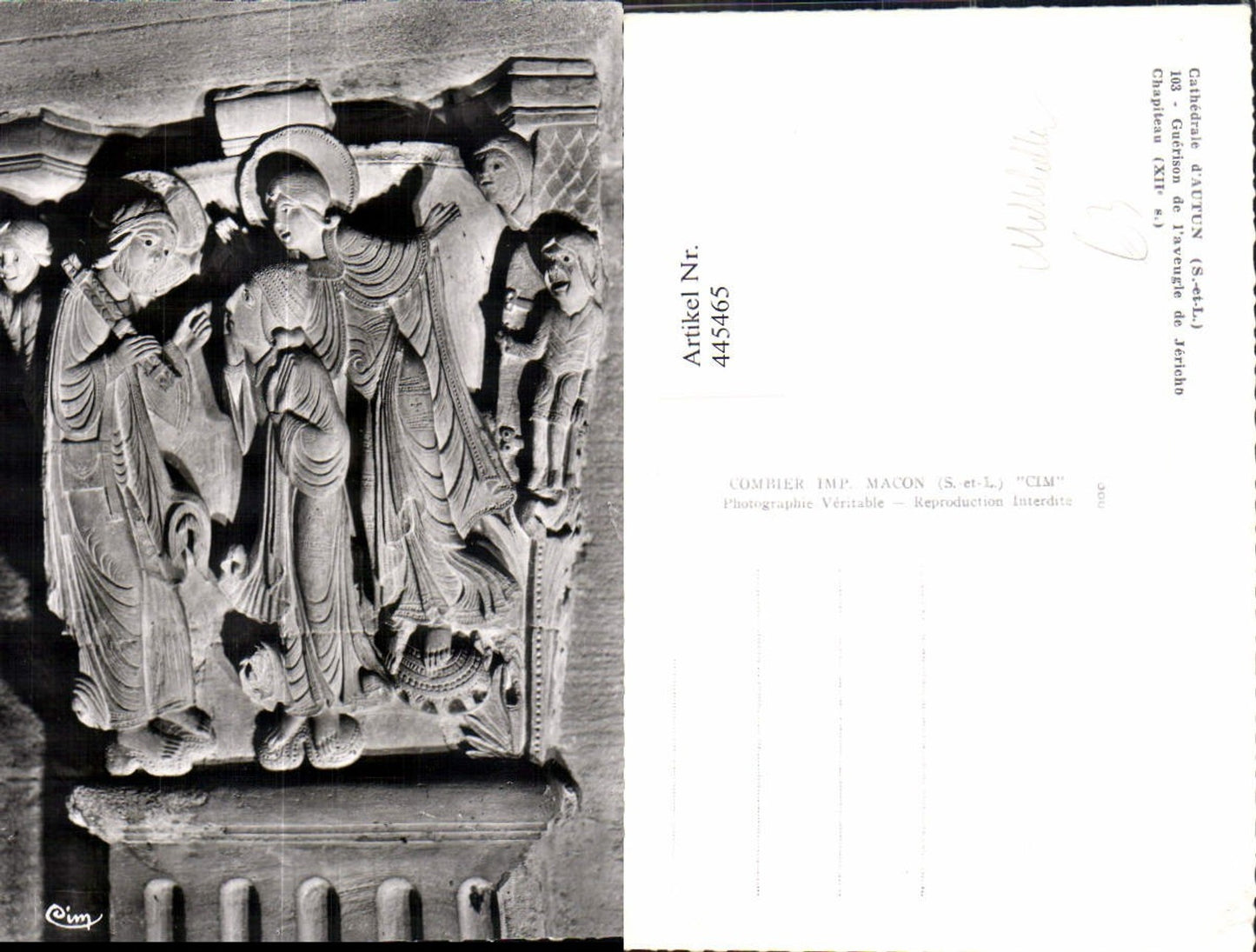 445465,Mittelalter Cathedrale d Autun Guerison de l aveuge de Jericho Chapiteau Statue