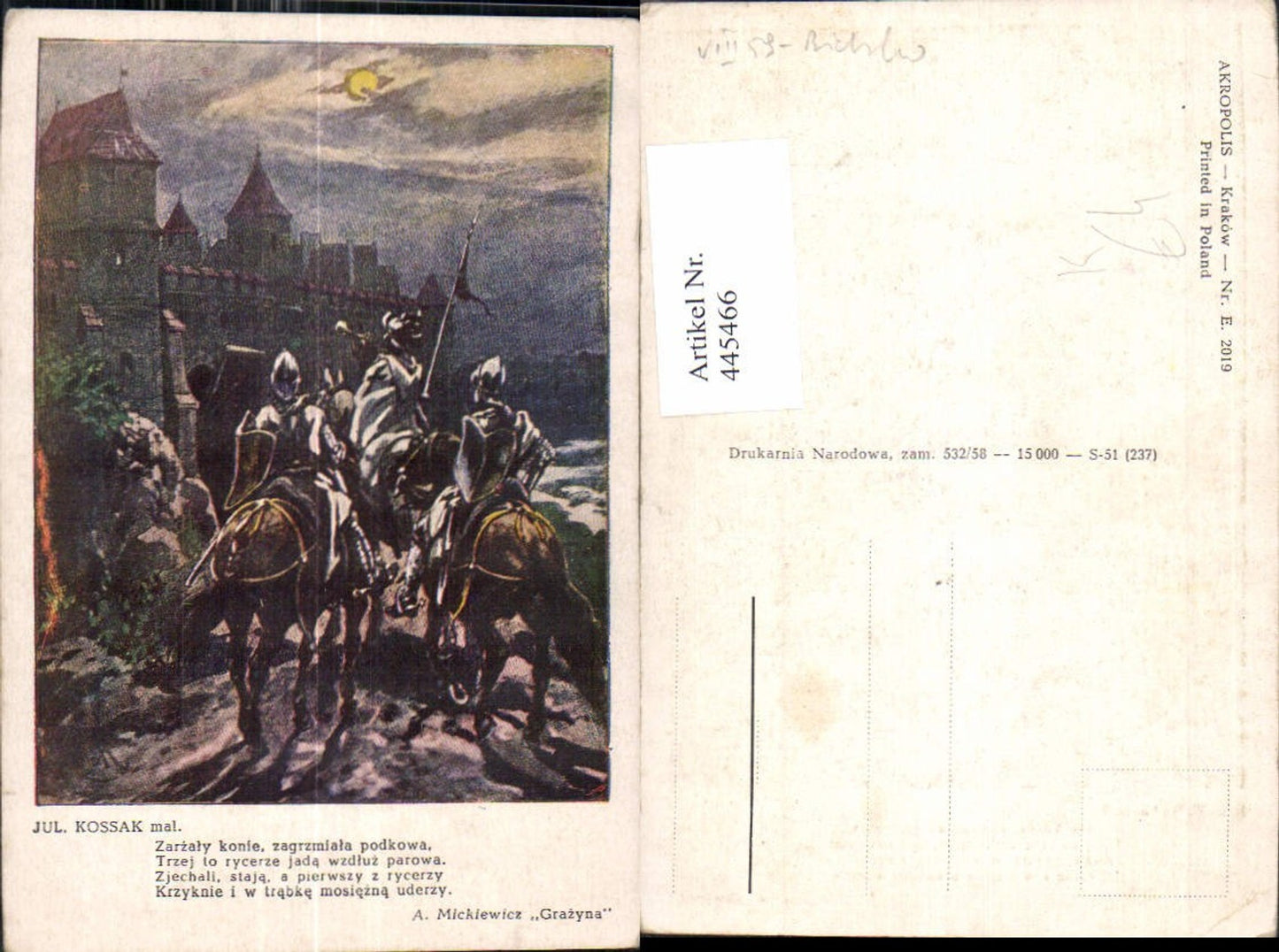 445466,Künstler Ak Jul. Kossak Ritter a. Pferde Rüstung Burg Mittelalter