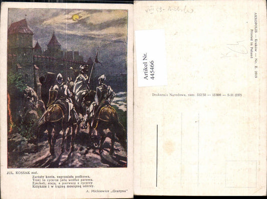 445466,Künstler Ak Jul. Kossak Ritter a. Pferde Rüstung Burg Mittelalter