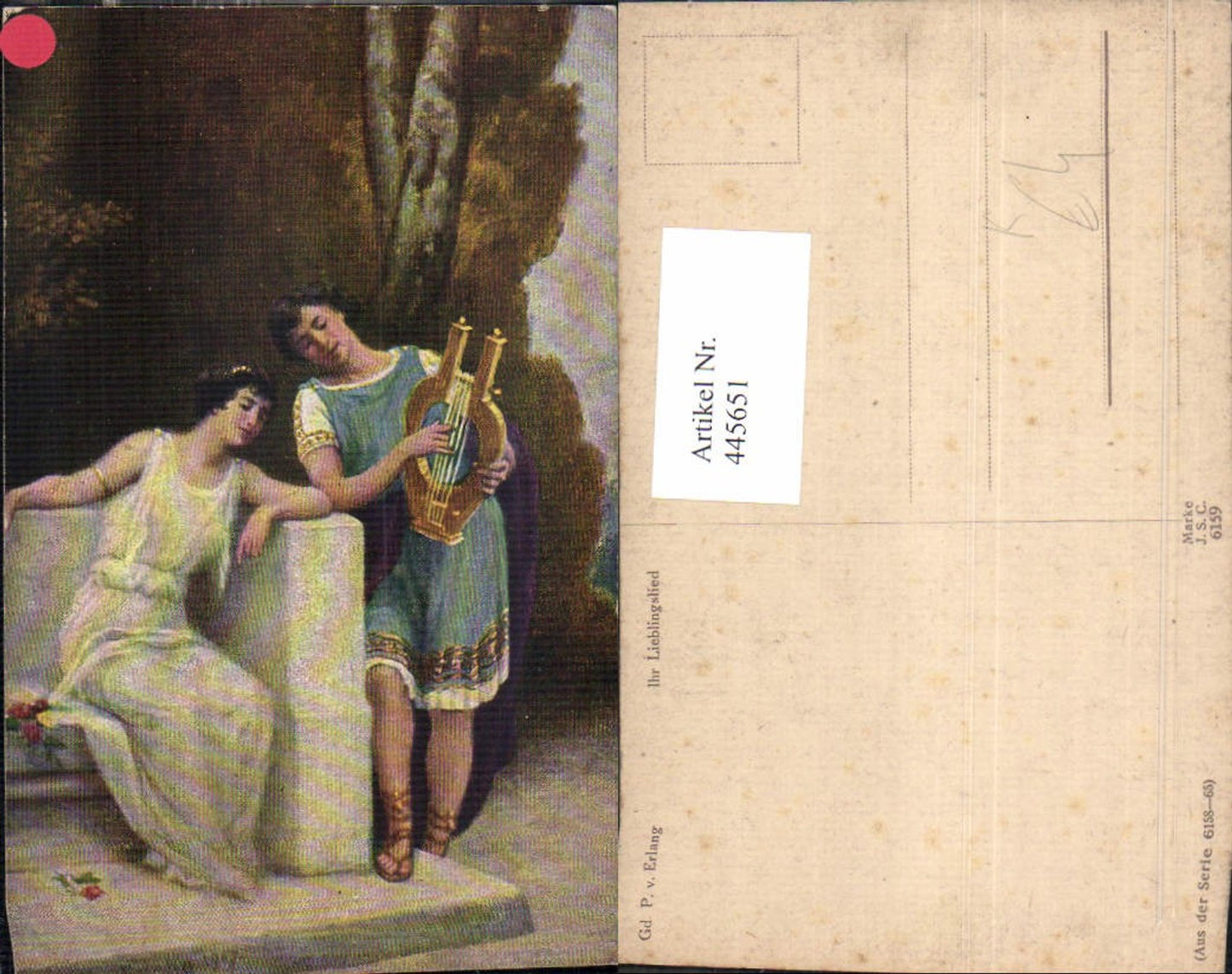 445651,Künstler Ak Gd. P. v. Erlang Ihr Lieblingslied Paar Musik Handharfe Liebe