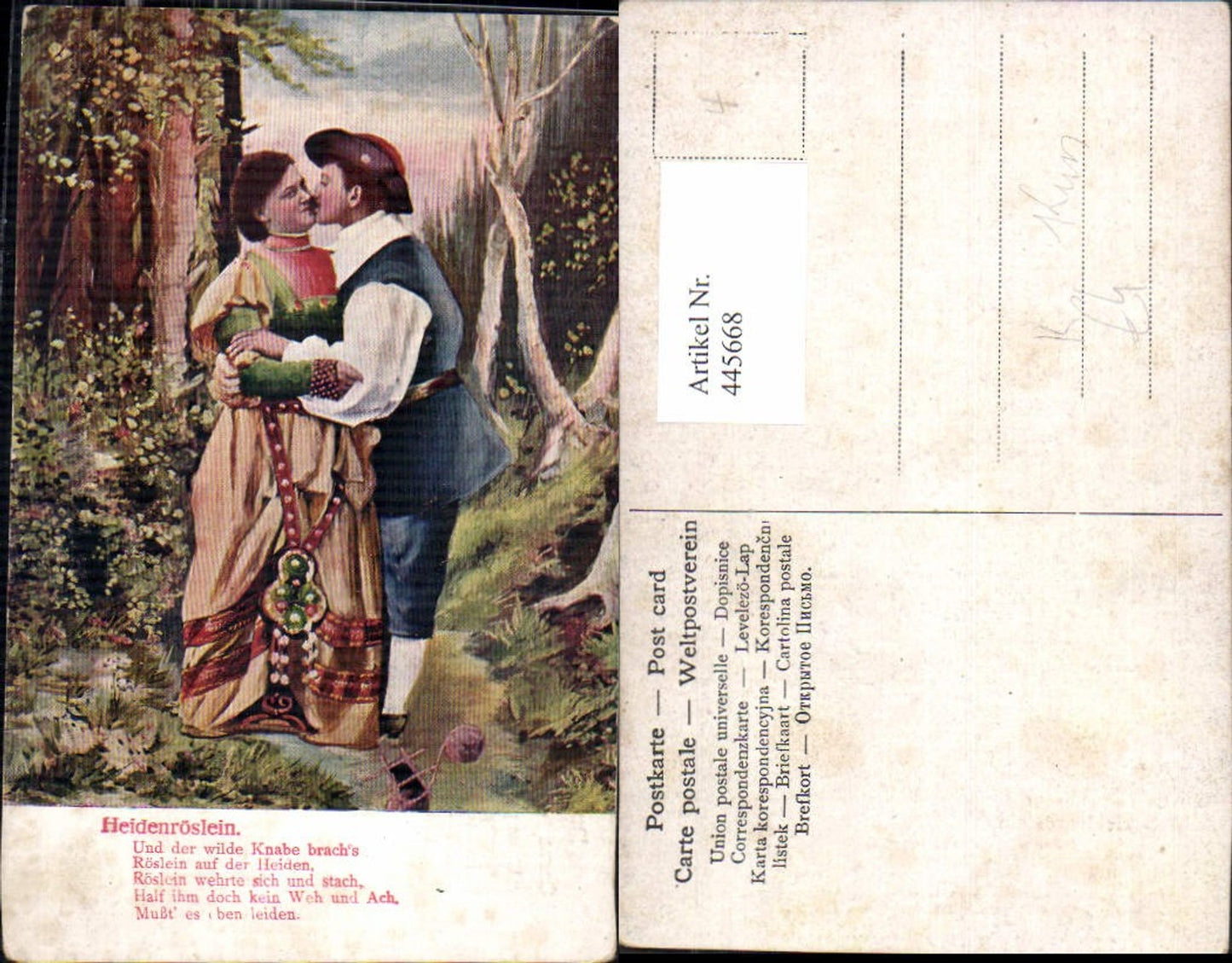 445668,Künstler Ak Heidenröslein Kuss Paar Liebe Spruch