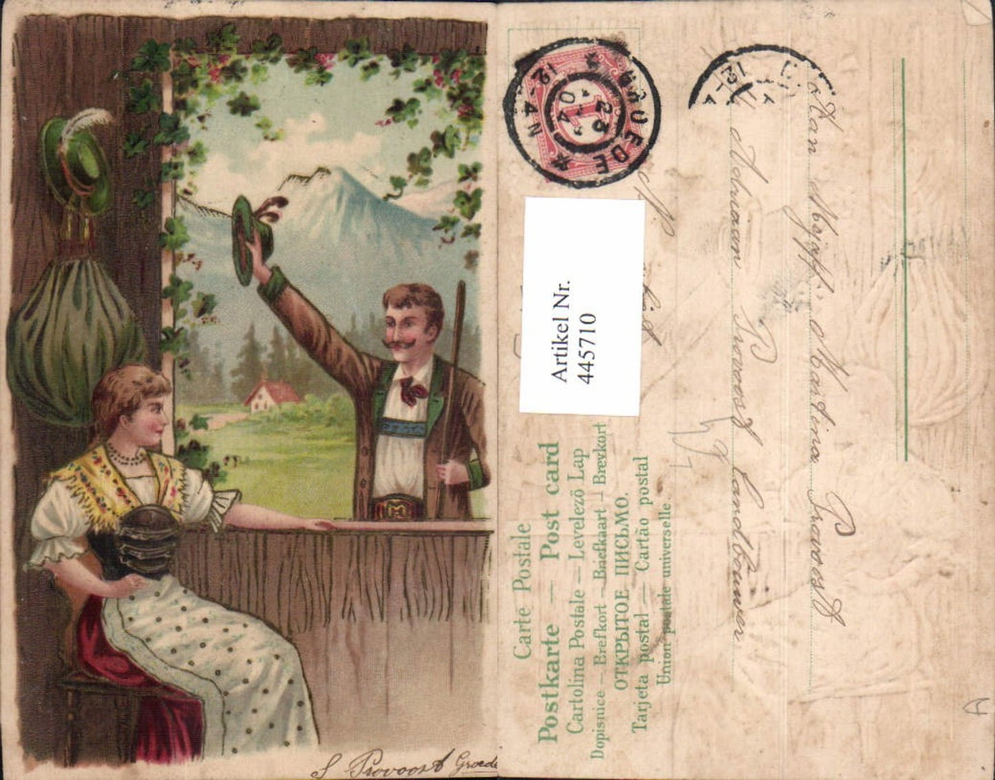 445710,Präge Litho Paar a. Fenster Tracht Liebe Bergkulisse Goldverzierung
