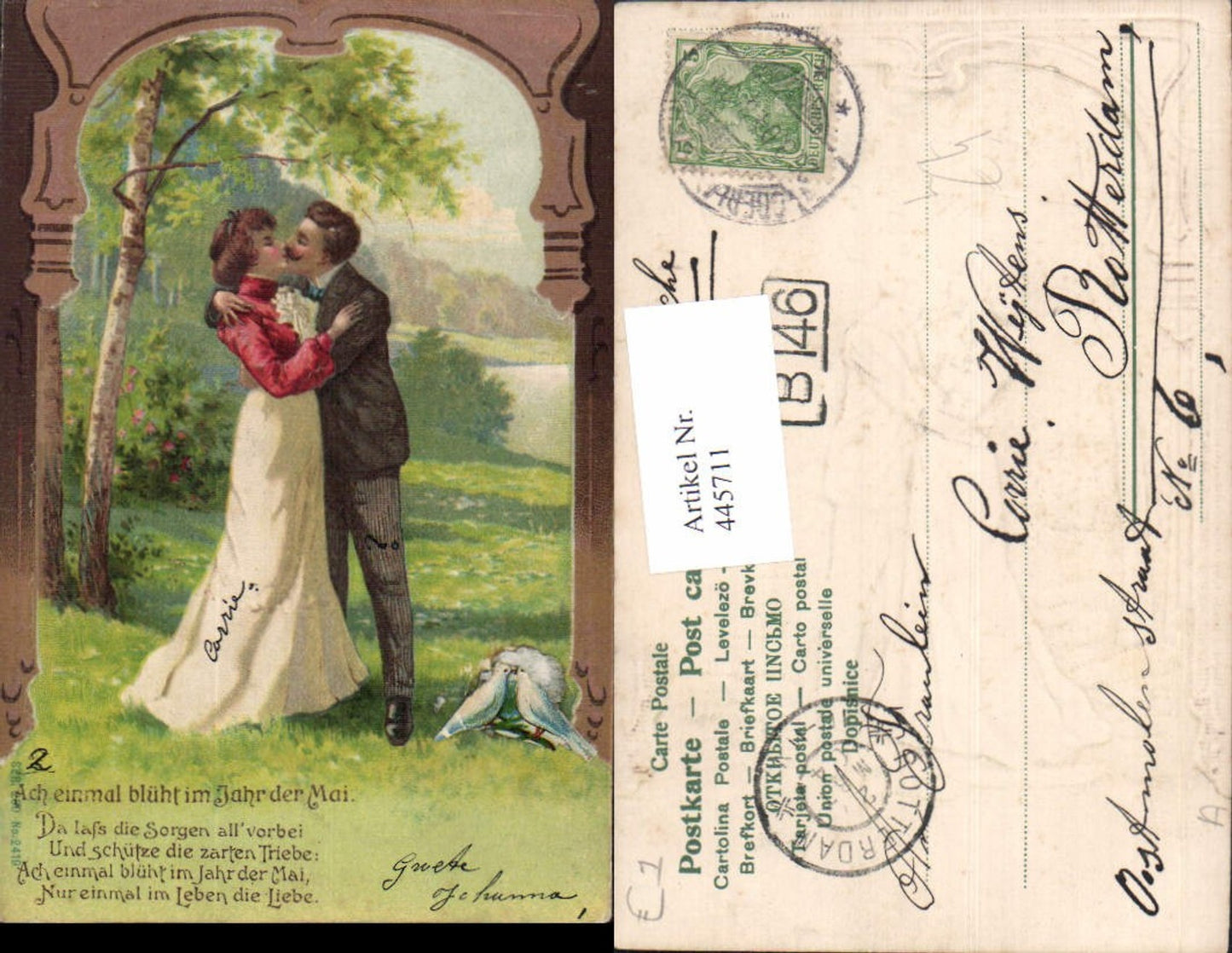 445711,Präge Litho Ach einmal blüht i. Jahr d. Mai Kuss Paar Liebe Text