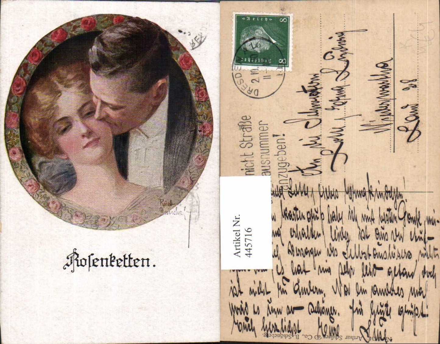 445716,Künstler Ak Rosenketten Paar Liebe Kuss a. Wange Passepartout