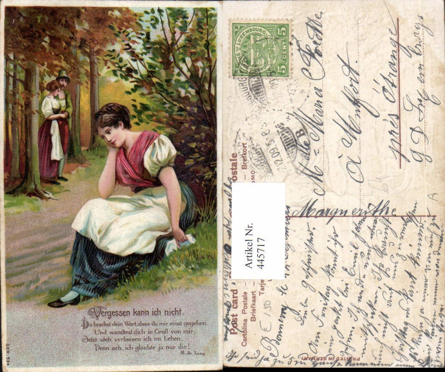 445717,Präge Litho Paar Liebe Frau Vergessen kann ich nicht M. de Jong Text
