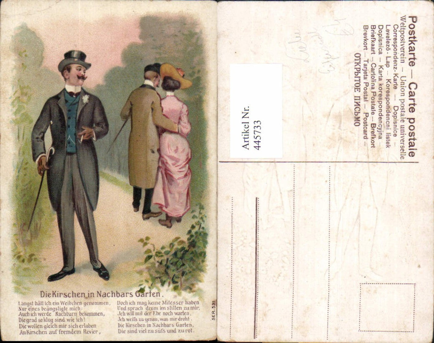 445733,Präge Litho Die Kirschen in Nachbars Garten Eifersucht Mann Paar Liebe