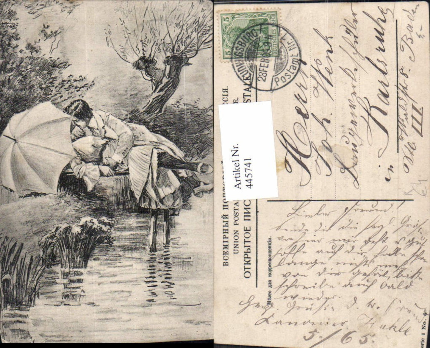 445741,Künstler Ak Paar Kuss unter Schirm Liebe Ufer Landschaft