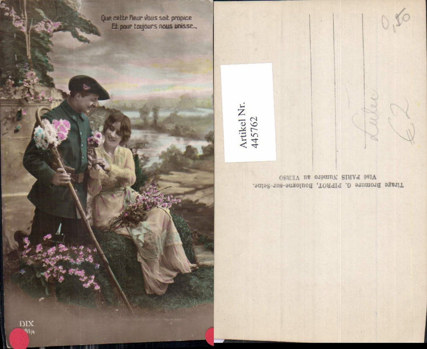 445762,Paar Verliebter Blick Liebe Blumen Uniform Wanderstock Spruch Text