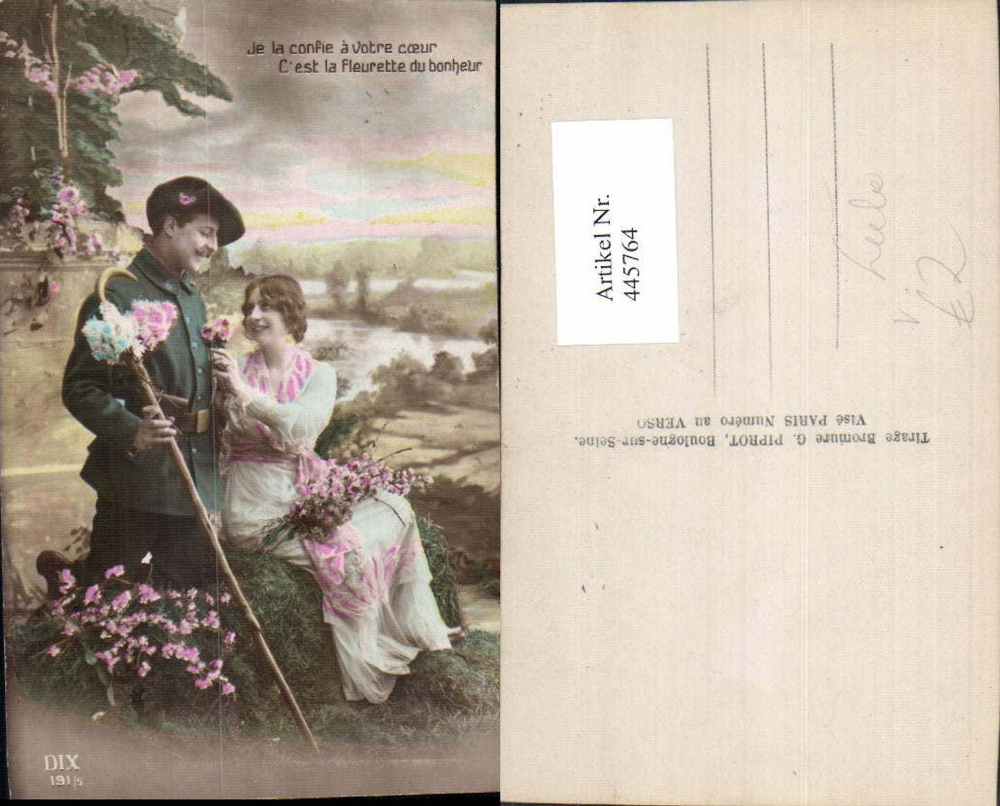 445764,Paar Liebe Verliebter Blick Uniform Wanderstock Blumen Spruch Text pub DIX 191/5