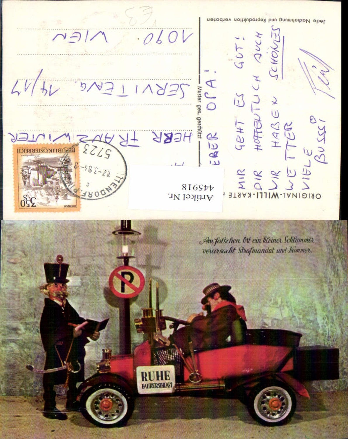 445918,Spielzeug Puppe Automobil Auto Fahrer schläft pub Original Willi Karte