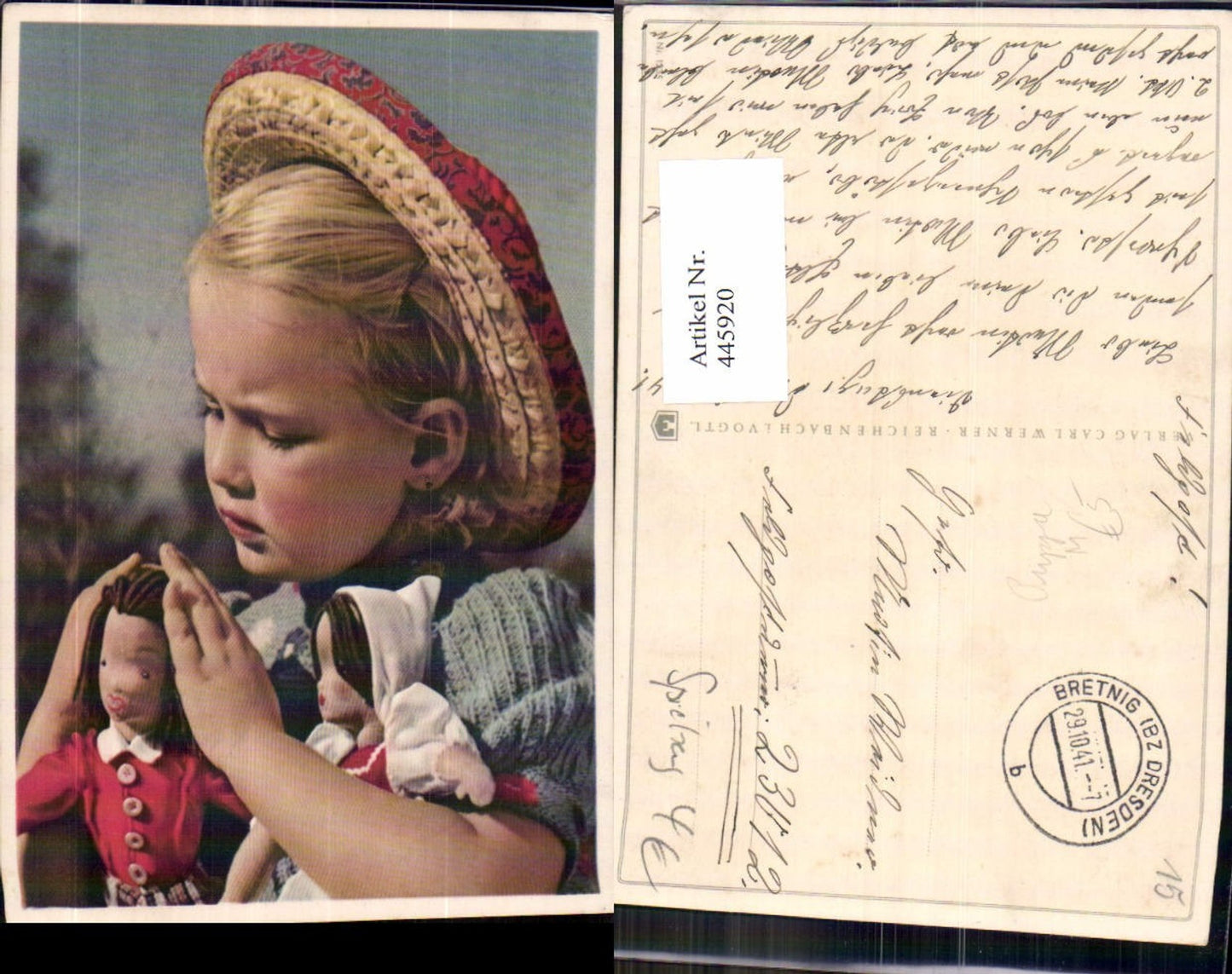 445920,Blondes Mädchen Strohhut Hut m. Spielzeug Puppen
