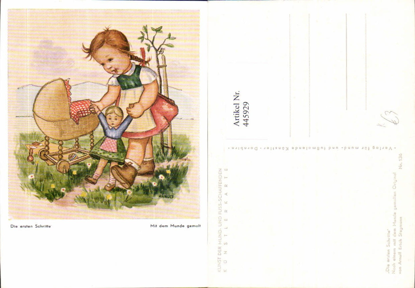 445929,Künstler Ak Arnulf Mundgemalt Die ersten Schritte Spielzeug Puppe Puppenwagen