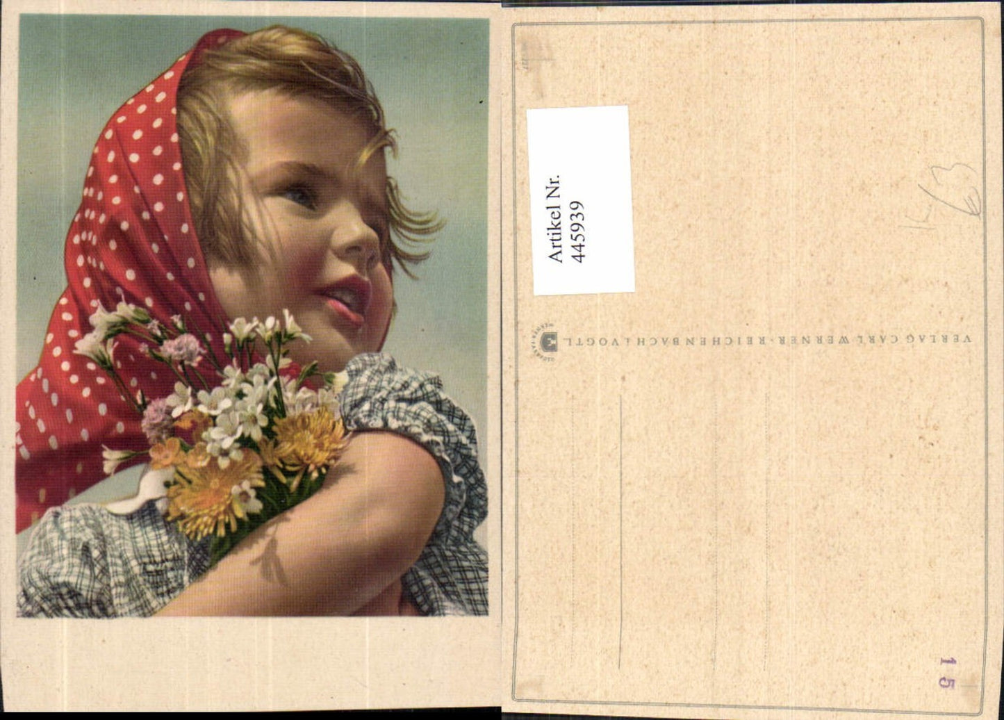 445939,Künstler Ak Blondes Mädchen Kopftuch Kind Blumen Blumenstrauß
