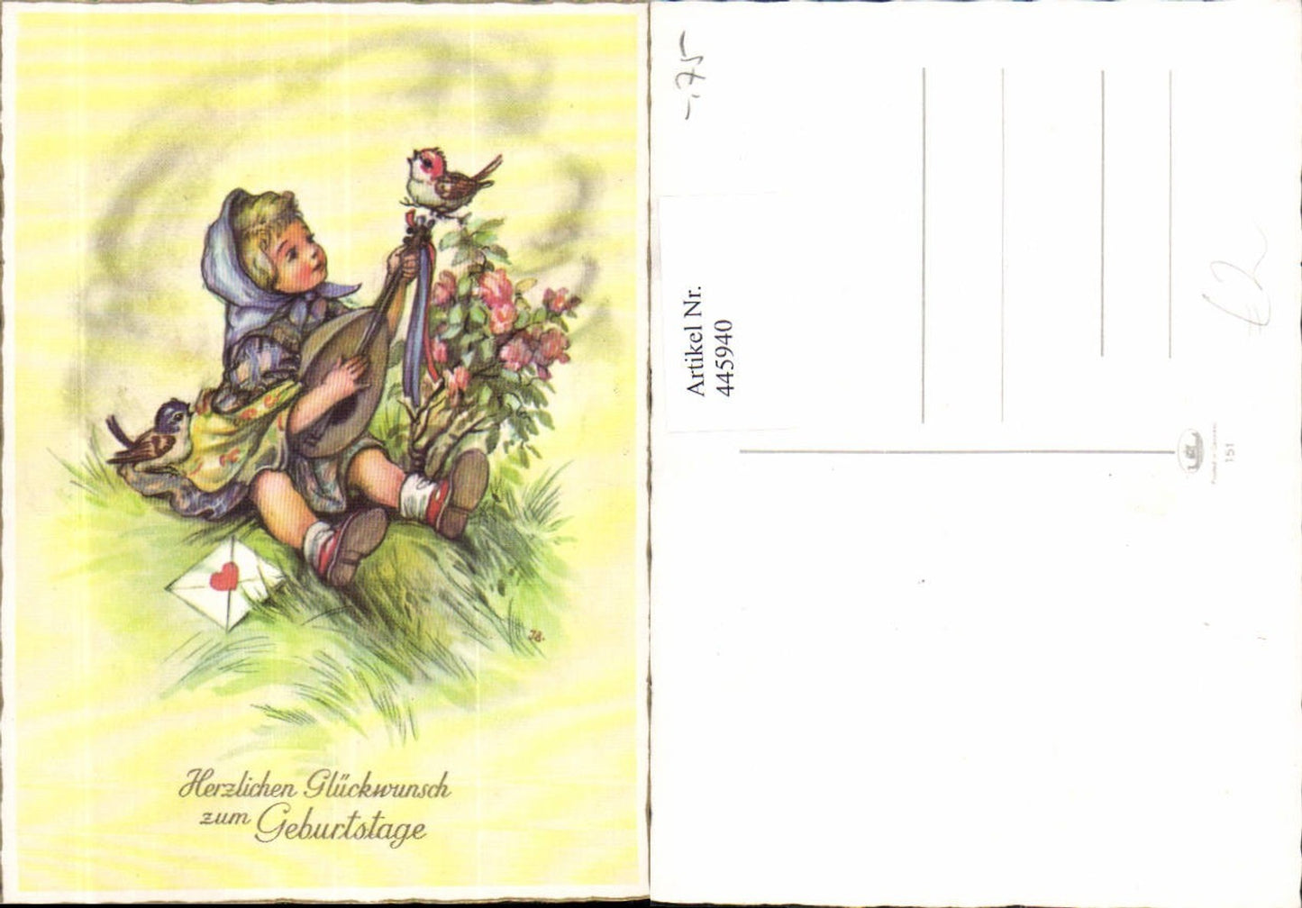 445940,Künstler Ak Kind Mädchen Mandoline Vögel Briefkuvert Geburtstag