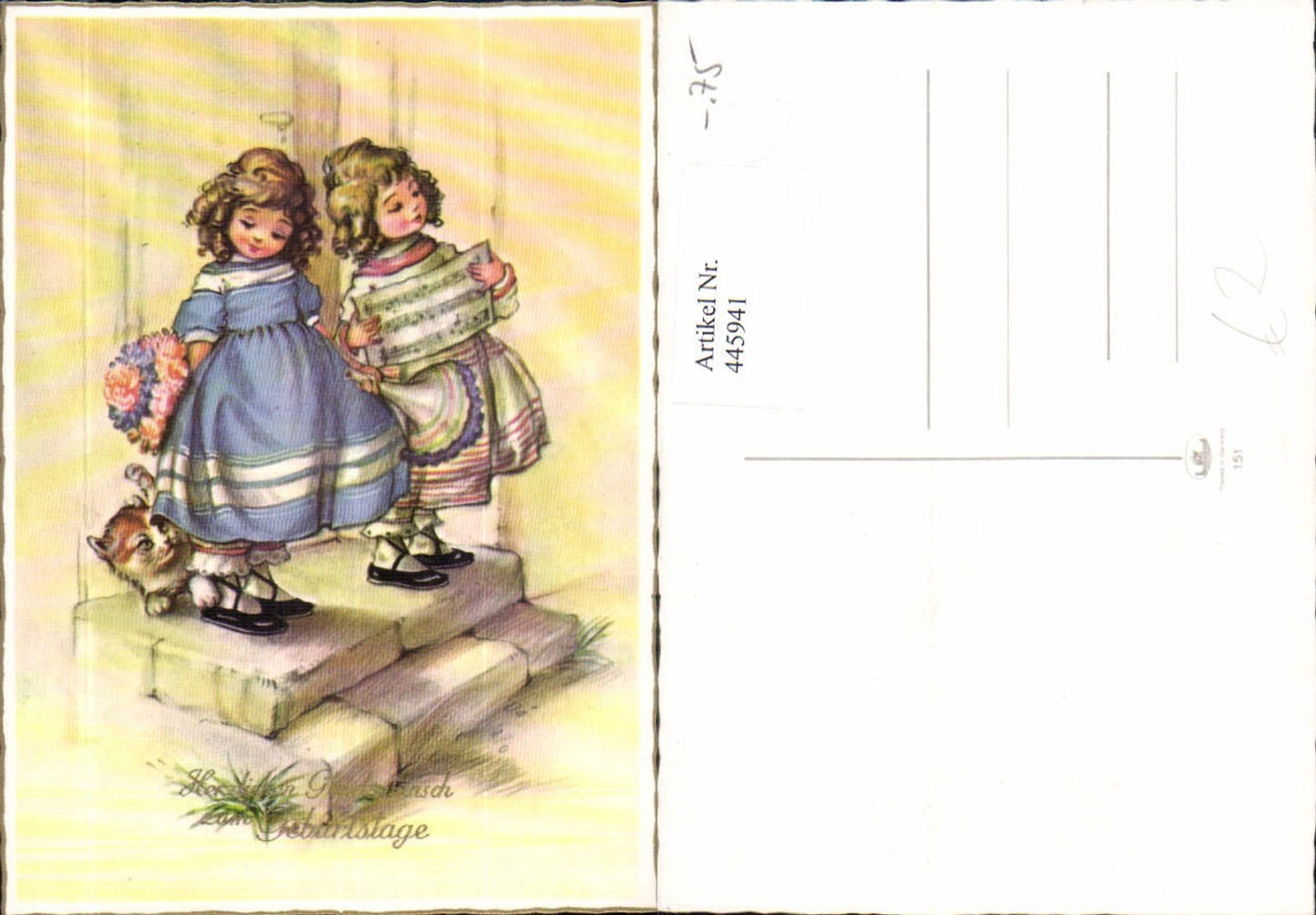 445941,Künstler Ak Mädchen Kinder Lockenköpfe Notenblatt Katze Blumen