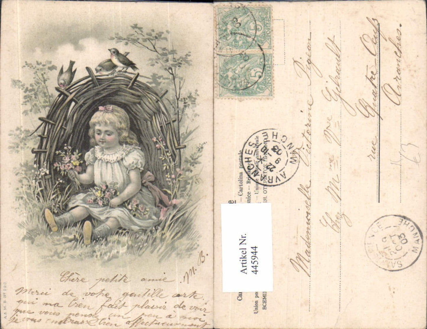 445944,Künstler Ak Kind Mädchen Korb Vögel Blumen
