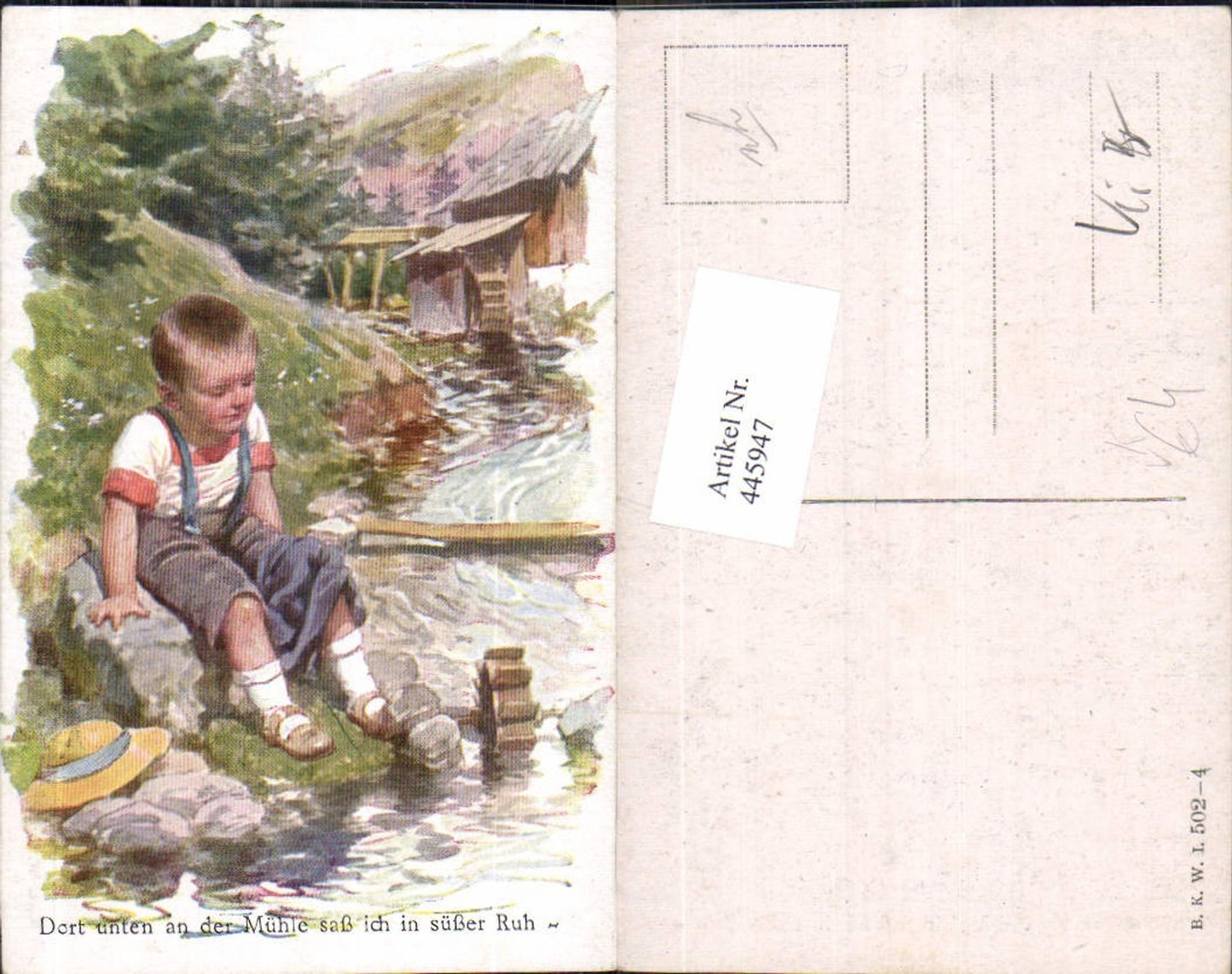 445947,Künstler Ak Kind Bub Junge Fluss Wassermühle Spruch pub B.K.W.I. 502/4