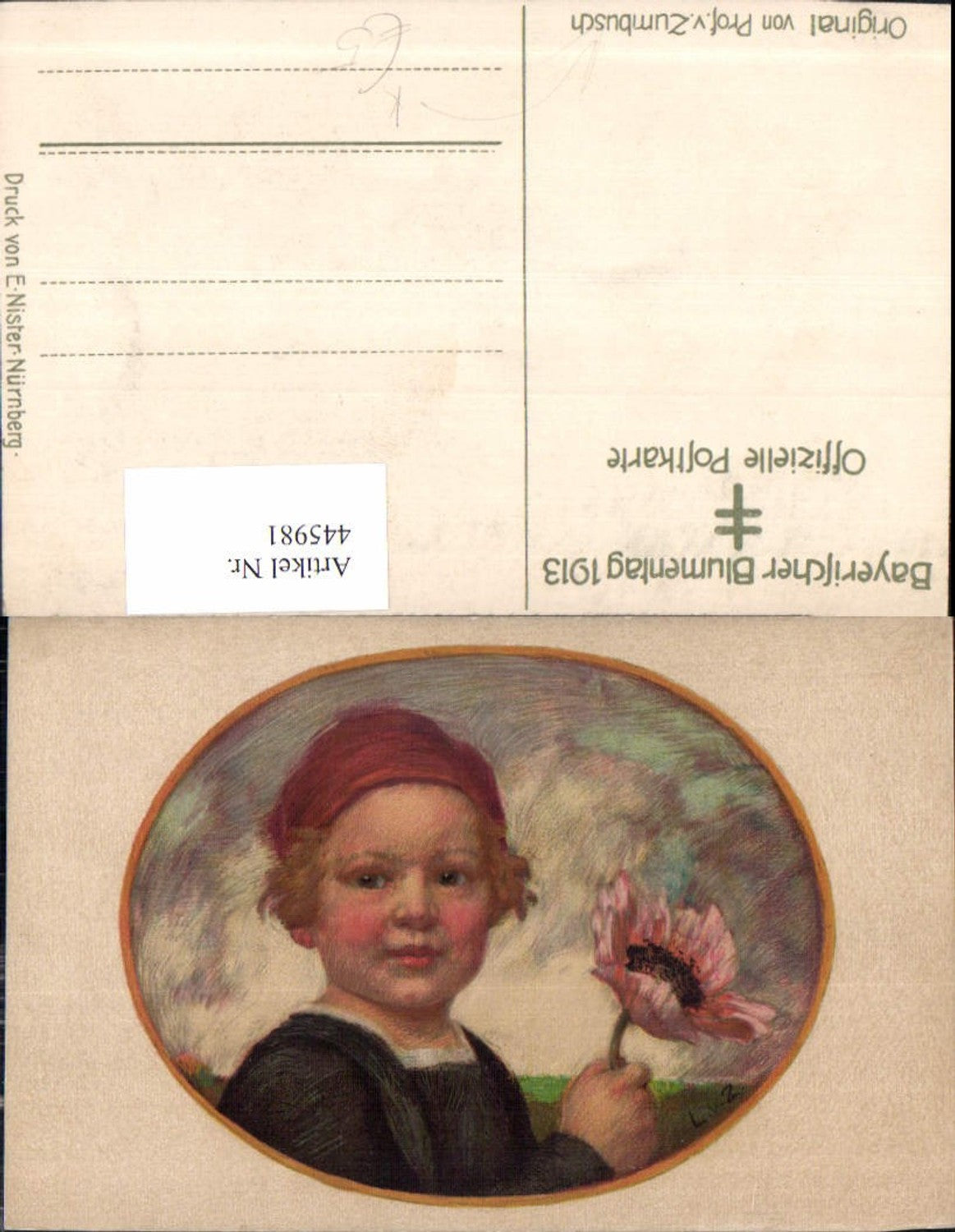 445981,Künstler Ak Prof. v. Zumbusch Kind m. Blume Blüte Passepartout