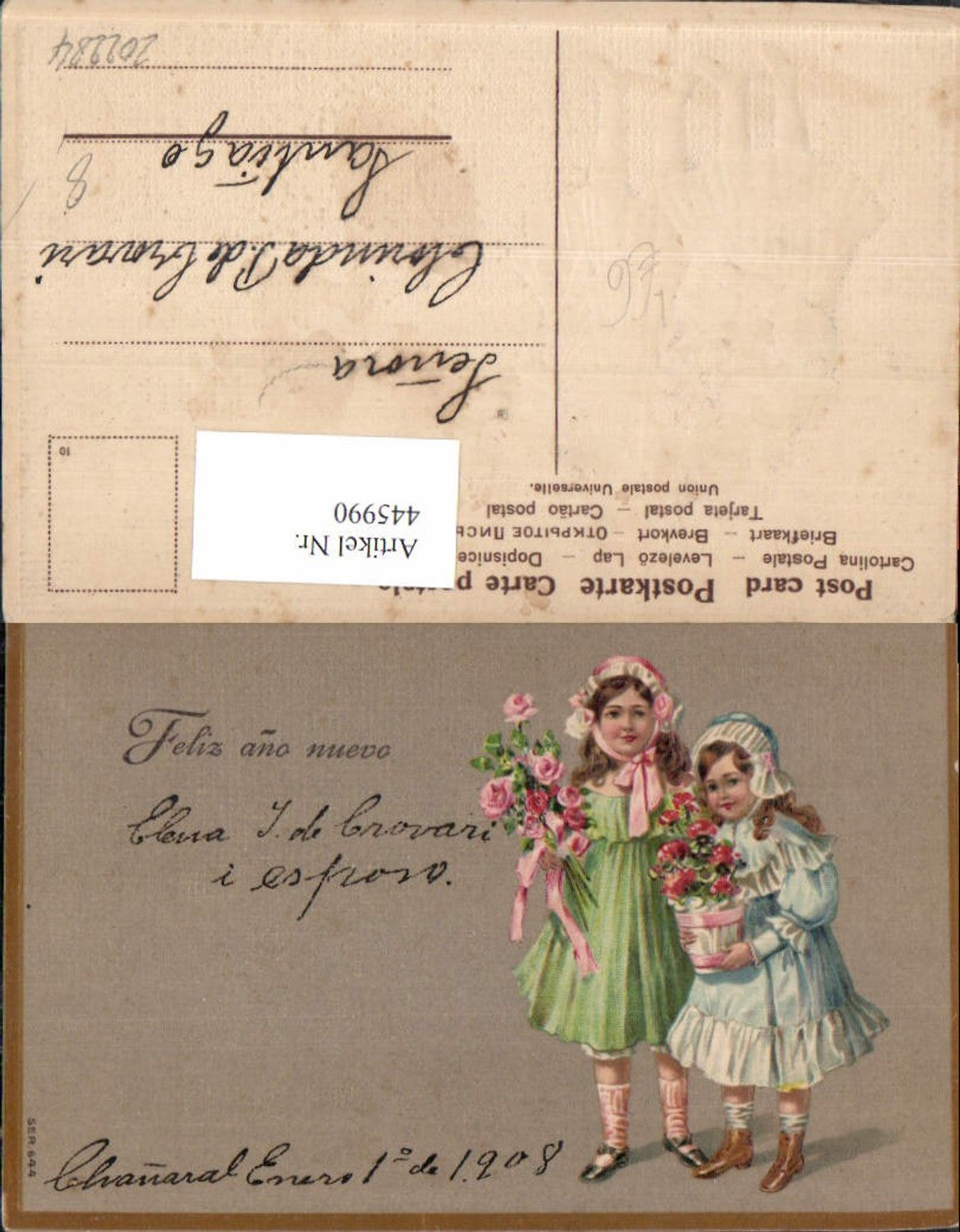 445990,Präge Litho Mädchen Kinder Kleider Hauben Blumen Feliz ano nuevo