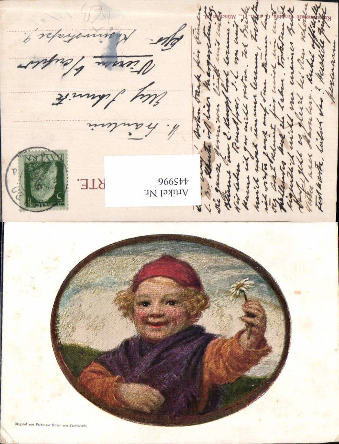 445996,Künstler Ak Prof. Ritter v. Zumbusch Kind Bub Junge Blume Passepartout