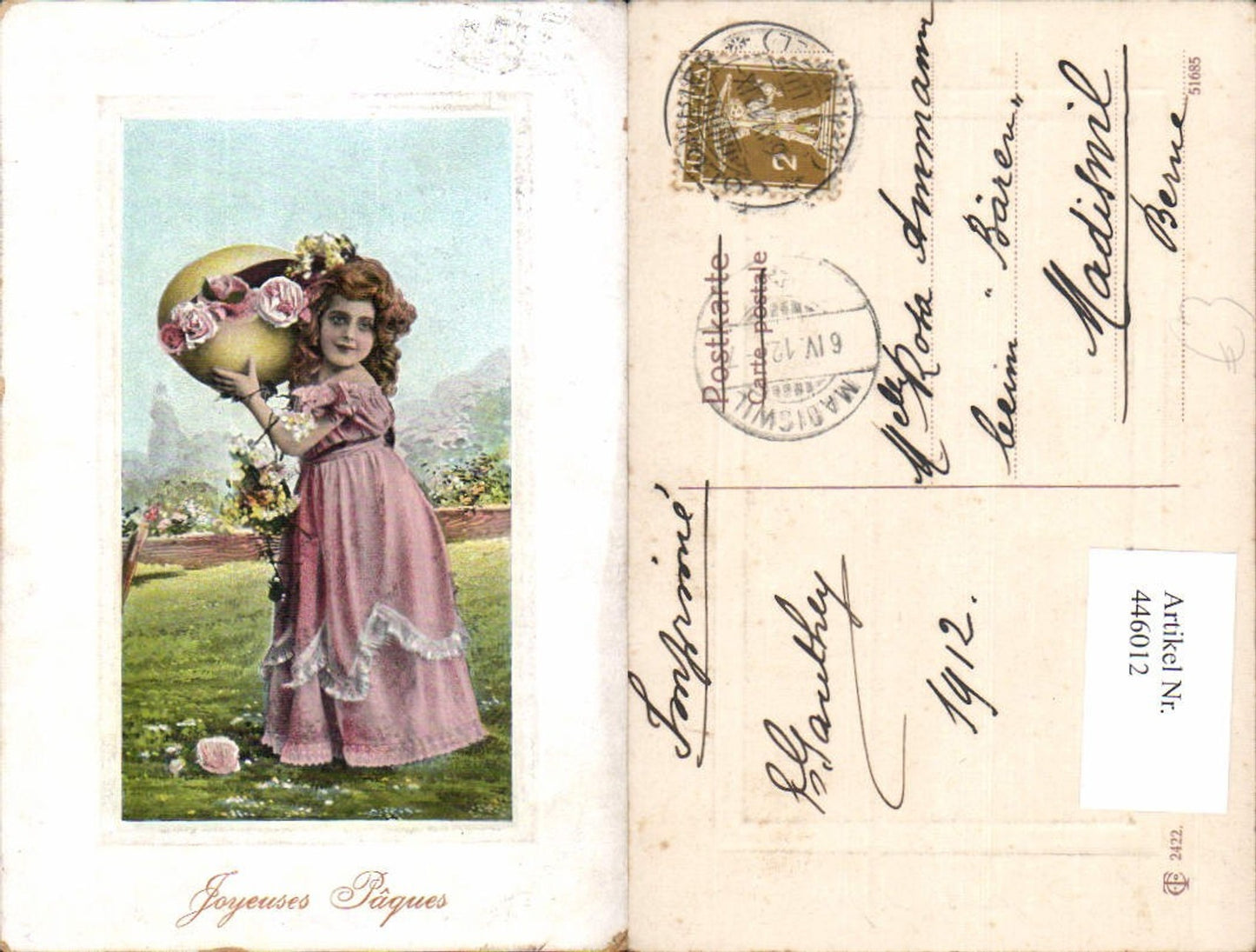 446012,Kind Mädchen m. Kleid Hut Osterei Ei Blumen Joyeuses Paques