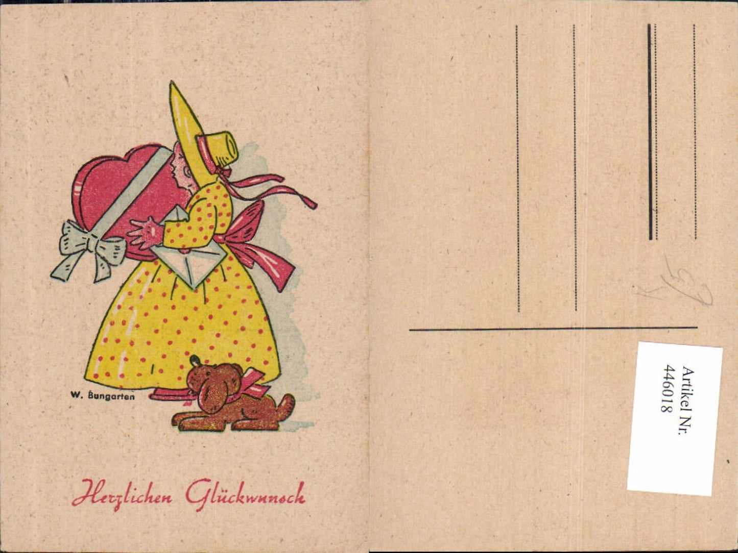 446018,Künstler Ak W. Bungarten Kind Mädchen Hut Herz Brief Hund
