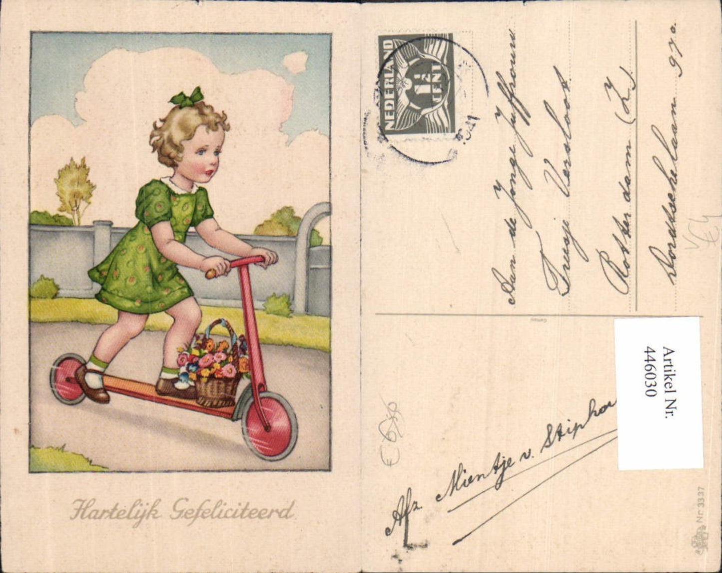 446030,Künstler Ak Kind Mächen auf Roller Blumenkorb Blumen pub Erika 3337