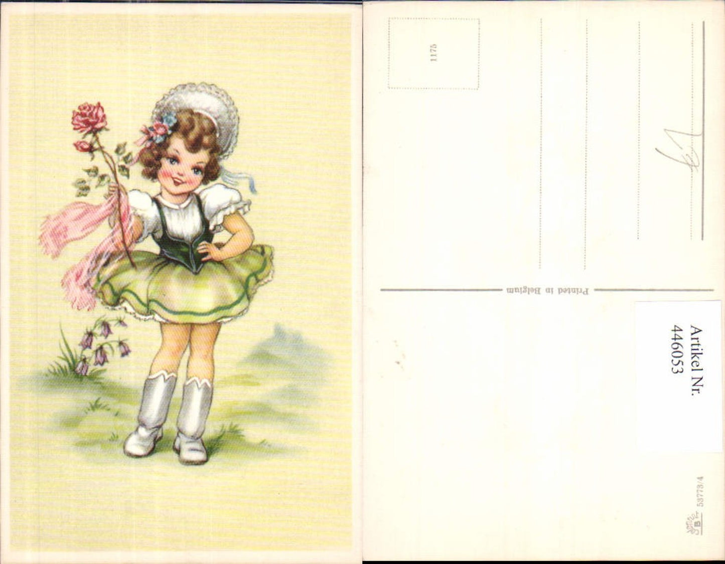 446053,Künstler Ak Kind Mädchen Kleid Spitzenhaube Rose Blumen