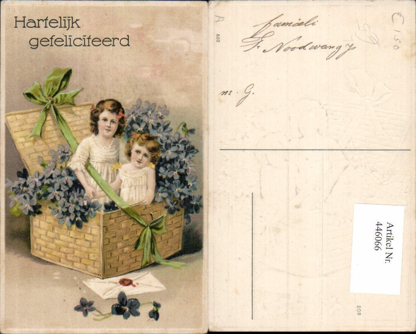446066, Embossed Lithograph Children Girl in Basket Flowers Violets Envelope