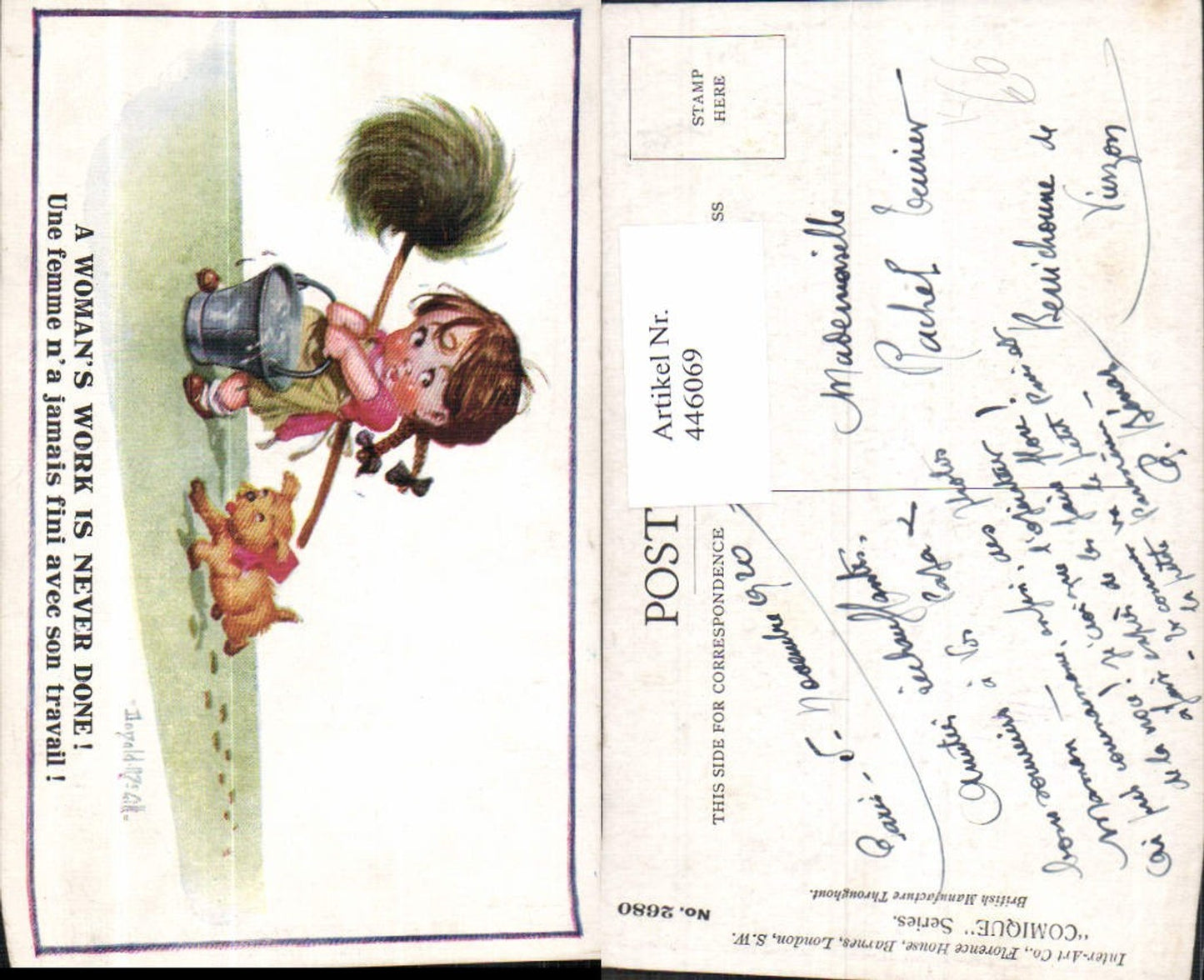 446069,Künstler Ak Donald Mc Gill Kind Mädchen m. Hund Putzeimer Besen