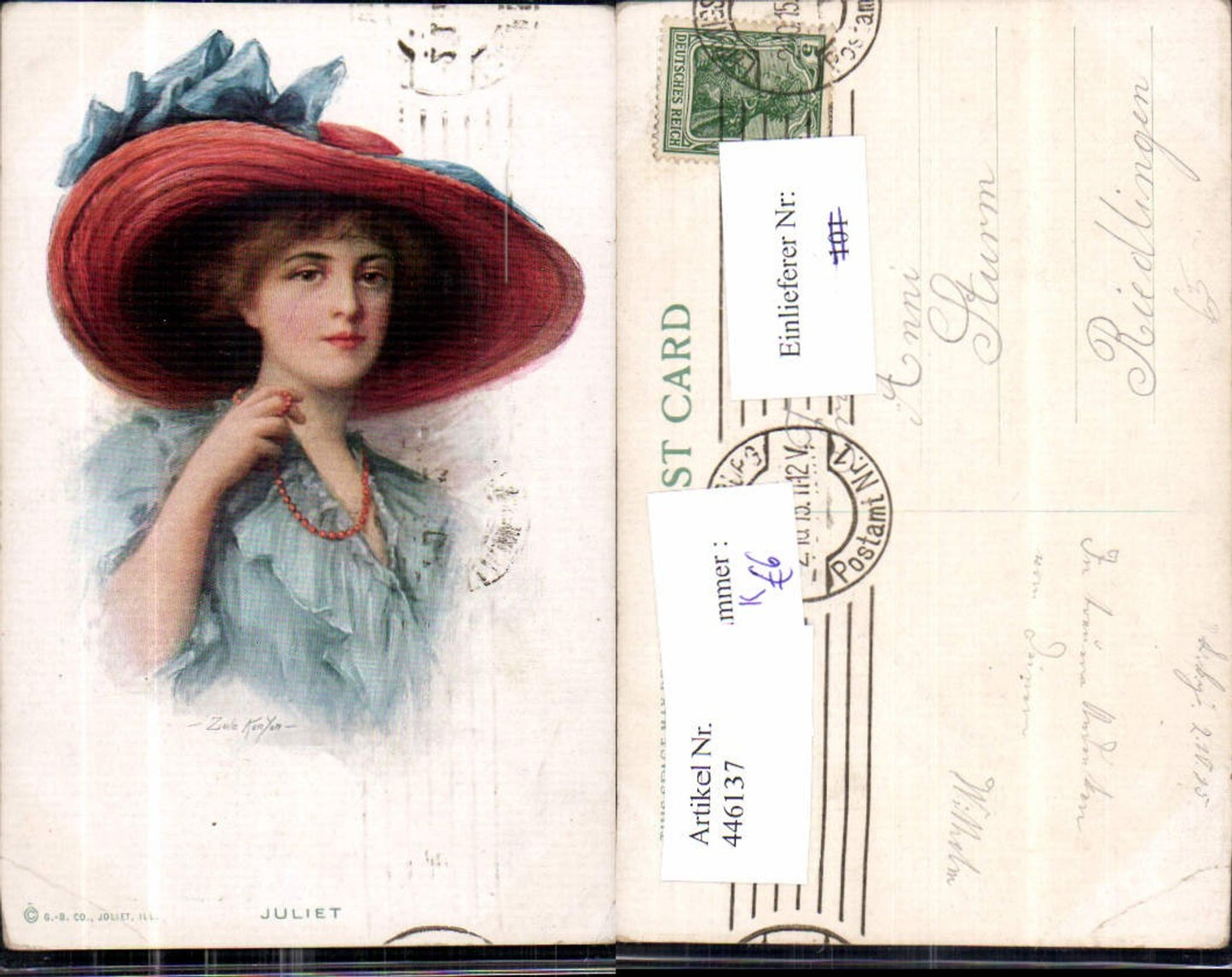 446137,Künstler Ak Zula Kenyon Juliet Frau Mode Hut Hutmode Perlenkette