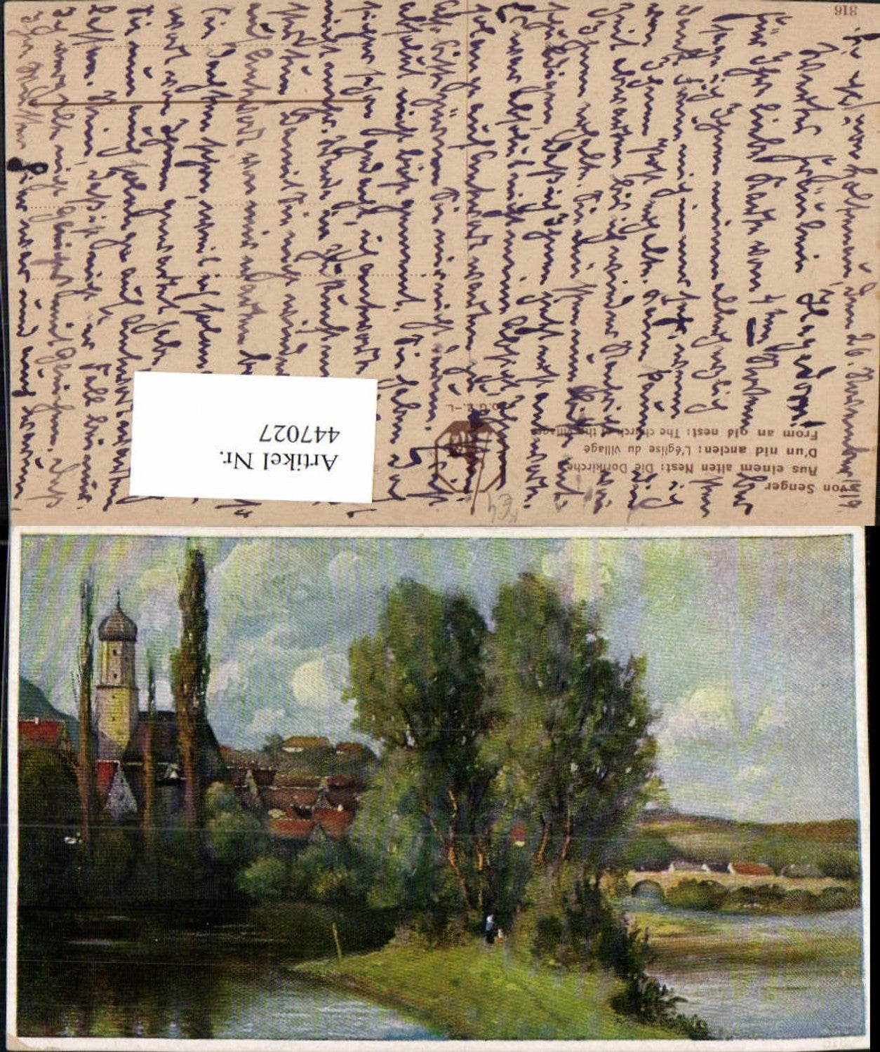 447027,Künstler AK von Senger Aus einem alten Nest Dorfkirche Fluss