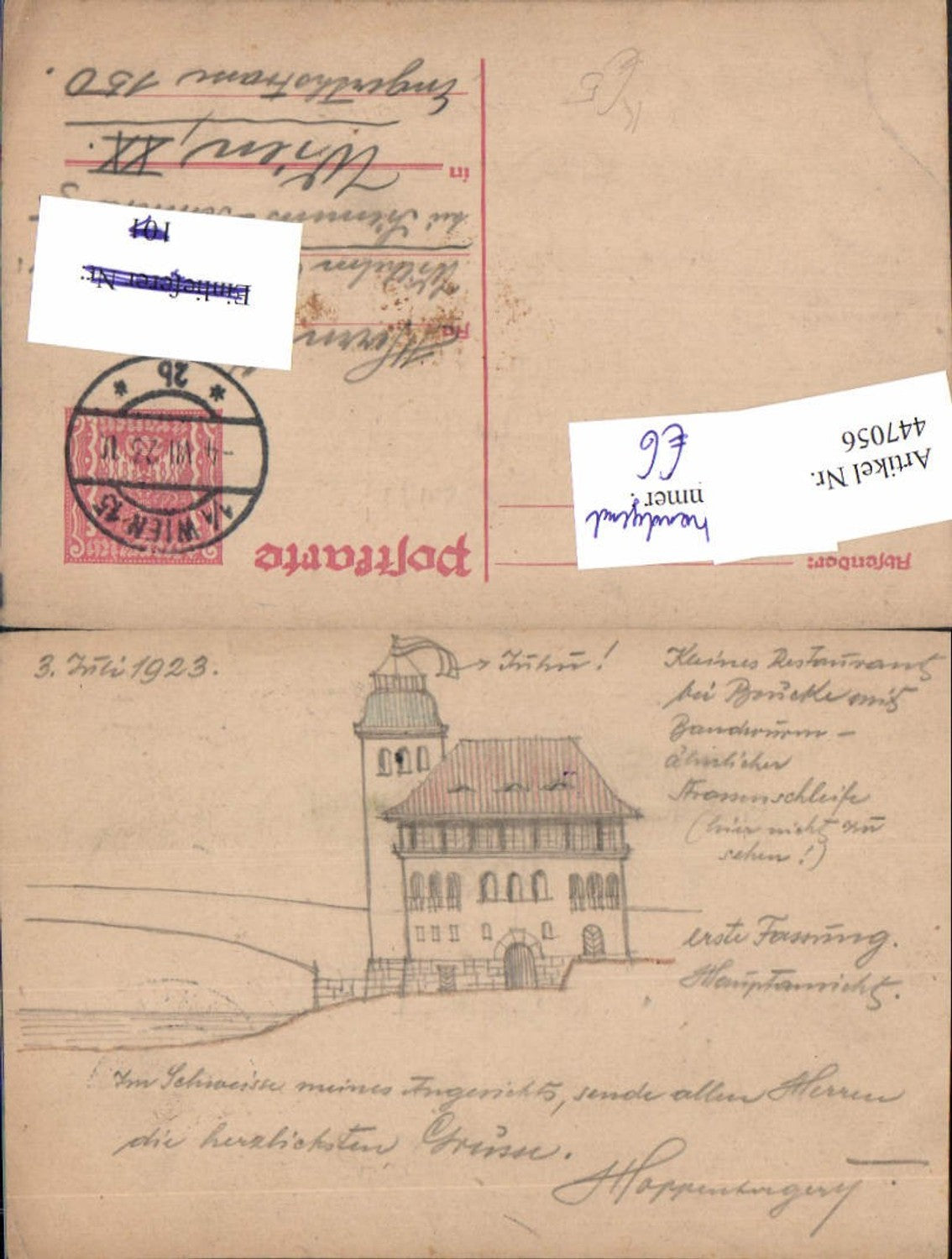 447056,Künstler AK Handgemalt Restaurant Gebäude Turm