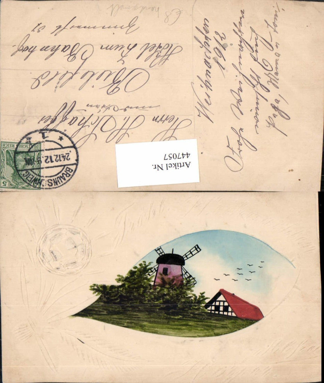 447057,Künstler AK Handgemalt Landschaft Windmühle Passepartout Schnitzerei
